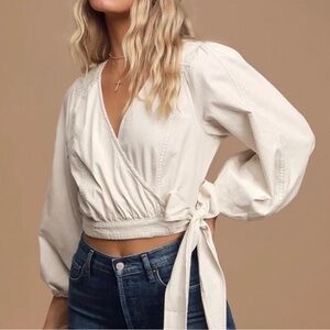 Free people Sophie Cream Denim  Balloon Sleeve Wrap Crop Top Size Small